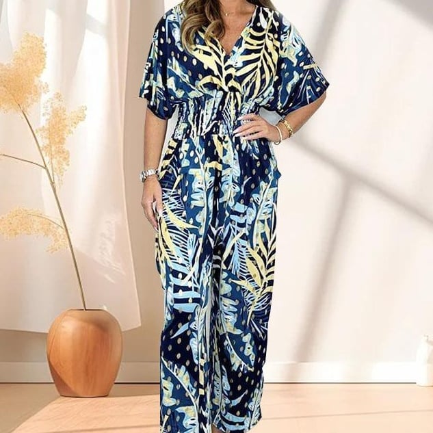 🍀2024 NEW - 49% OFF🔥Women's Leaf Print Elastic Waist Jumpsuits