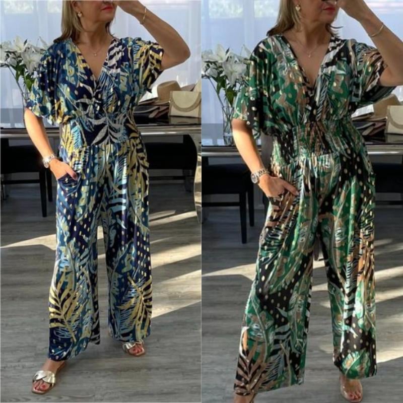 🍀2024 NEW - 49% OFF🔥Women's Leaf Print Elastic Waist Jumpsuits