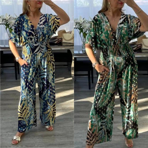 🍀2024 NEW - 49% OFF🔥Women's Leaf Print Elastic Waist Jumpsuits